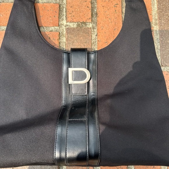 Vintage DKNY Black Canvas & Leather Shoulder Bag | Y2K Logo Hobo Tote - Picture 3 of 10